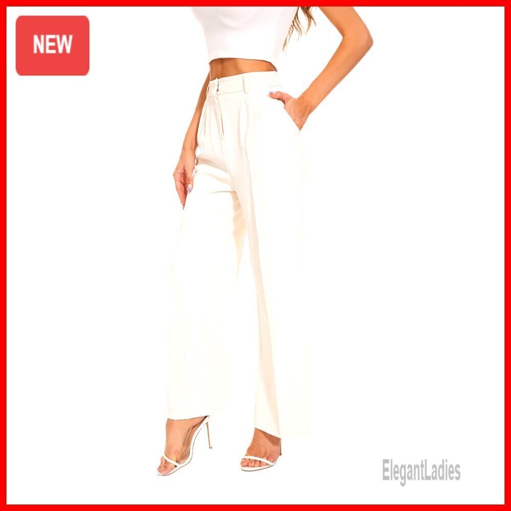High Waisted Wide Leg Work Pants, Elastic Back, Polyester Spandex, Straight Leg